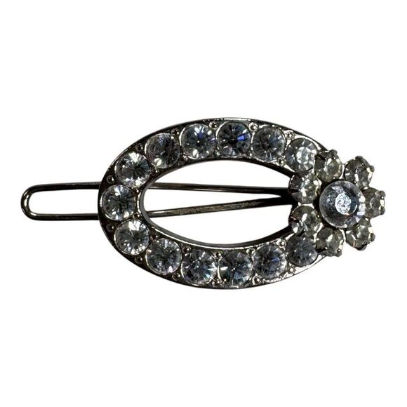 Vintage Joomi Signed Oval Hair Clip Rhinestones & Floral Accent Silver Tone 1.5" - Picture 1 of 5